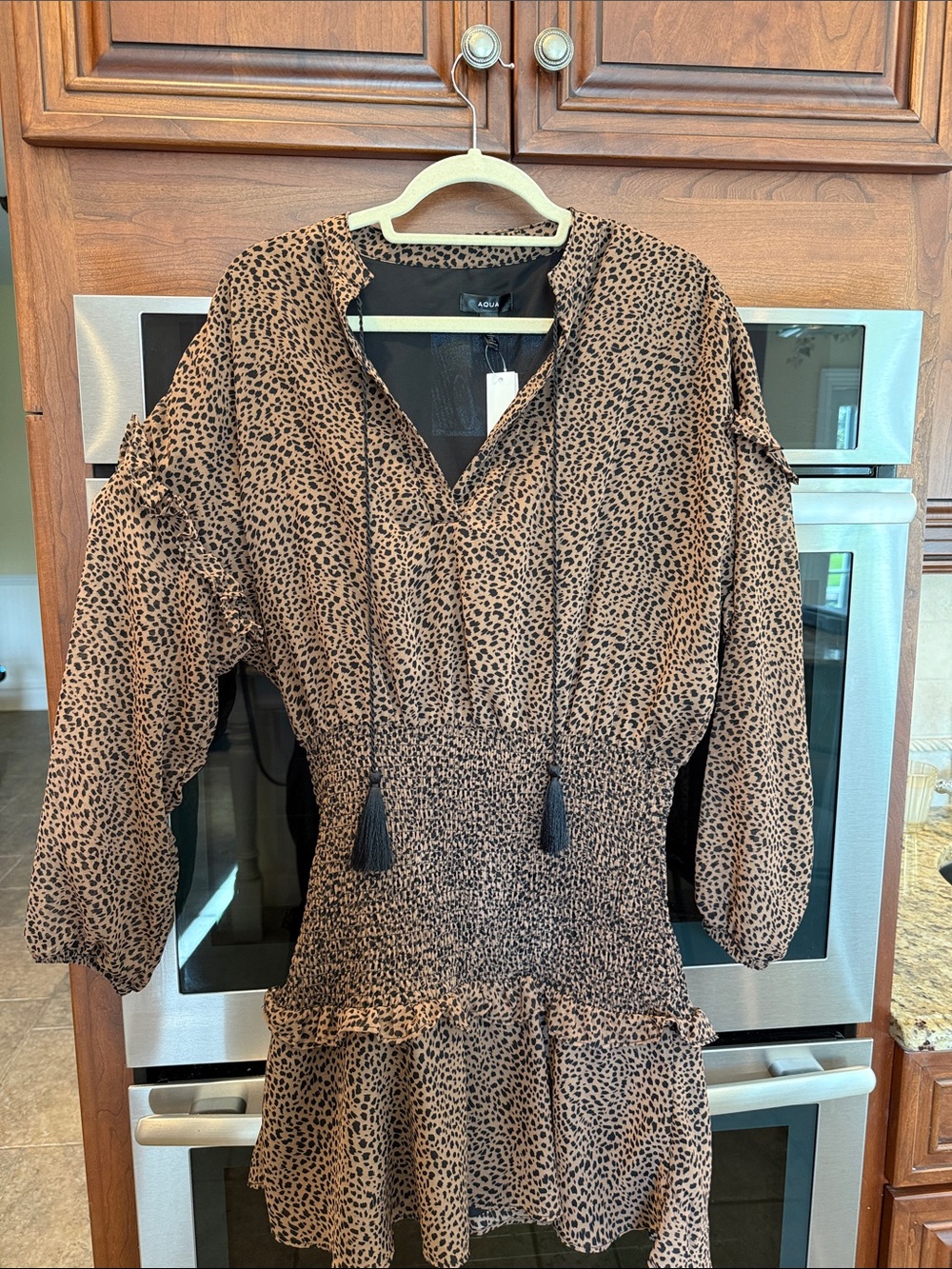 Aqua Brown and Black Leopard-Print Long Sleeve Smocked-Waist Dress